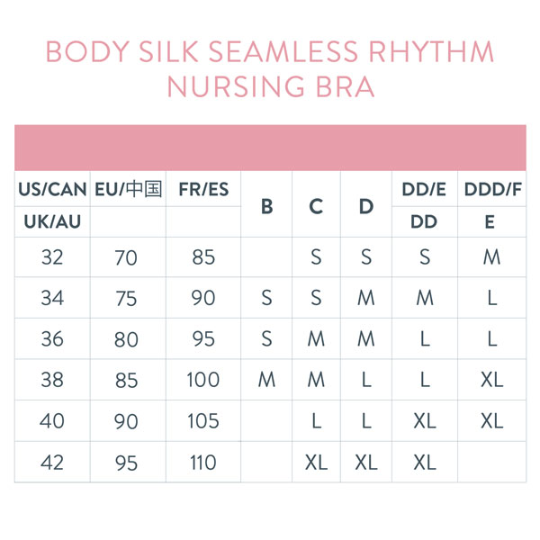 Size Chart for Bravado Designs Body Silk Seamless Rhythm Nursing Bra