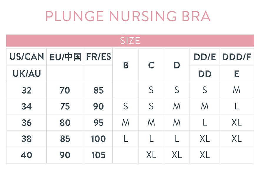 Size Chart for Bravado Designs Plunge Maternity & Nursing Bra