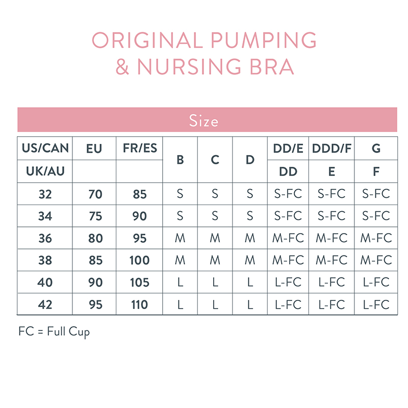 Size Chart for Bravado Designs Original Pumping & Nursing Bra (2-in-1)