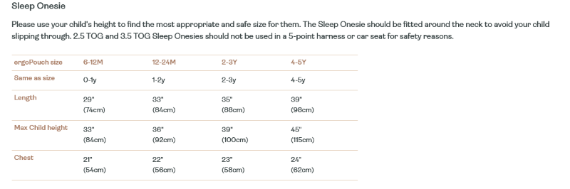 Size Chart for ergoPouch Organic Cotton Sleep Winter Onesie (2.5 Tog)