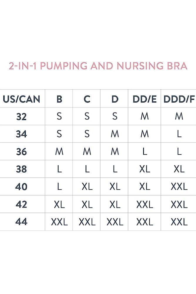 Size Chart for Bravado Designs Basic Sustainable Pumping and Nursing Bra