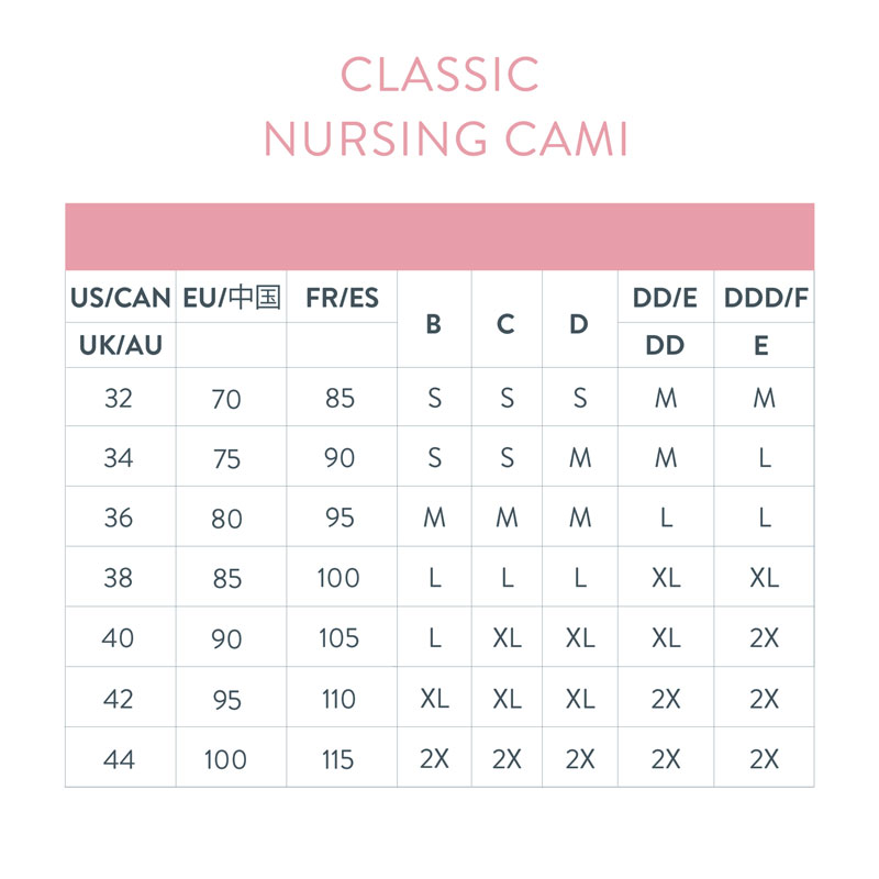 Size Chart for Bravado Designs Seamless Classic Maternity & Nursing Cami