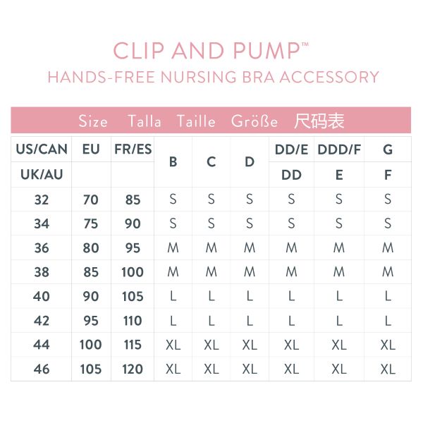 Size Chart for Bravado Designs Clip and Pump™ Hands-Free Nursing Bra Accessory (Sustainable)