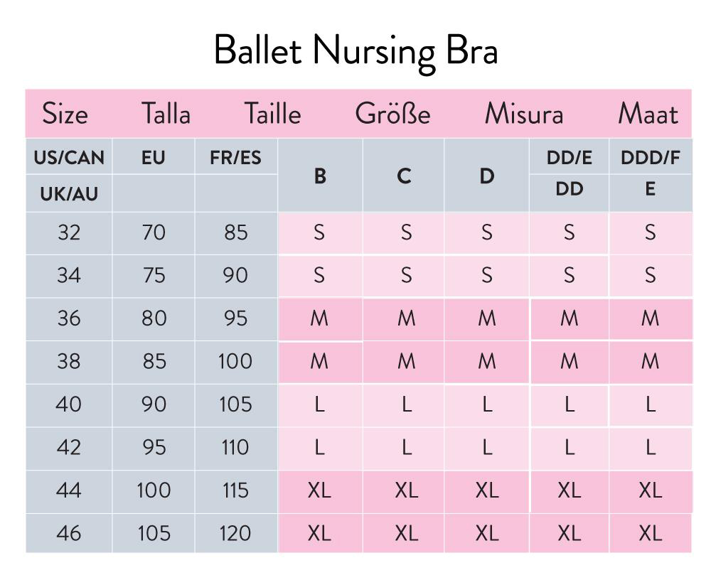 Size Chart for Bravado Designs Ballet Nursing Bra