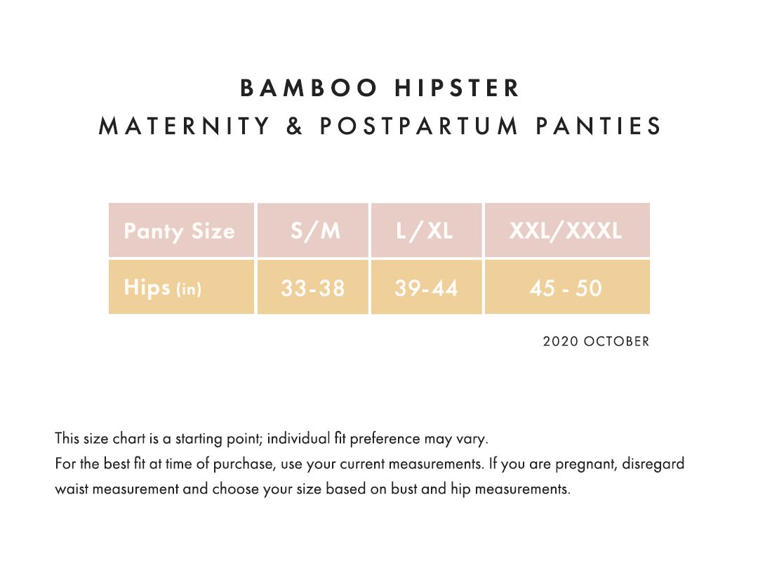 Size Chart for Bamboo Maternity Hipster Panties - 2 Pack