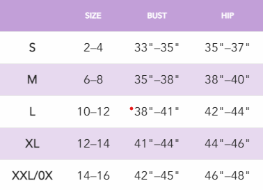 Size Chart for Aura Racerback Nightie
