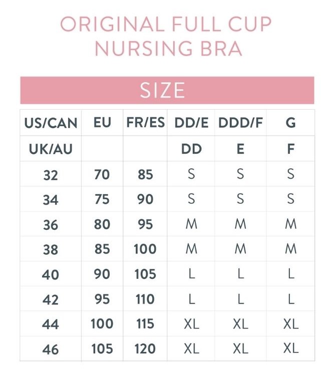 Size Chart for Bravado Designs Organic Cotton & TENCEL™ Modal Full Cup Nursing Bra