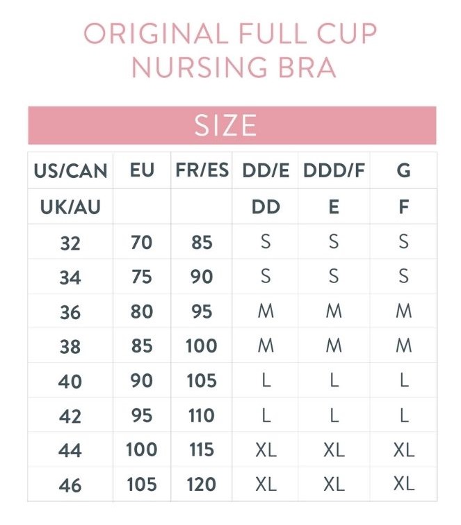 Size Chart for Bravado Designs Organic Cotton & TENCEL™ Modal Full Cup Nursing Bra