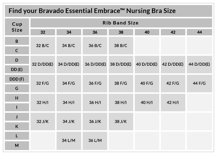 Size Chart for Bravado Designs Essential Embrace Nursing Bra
