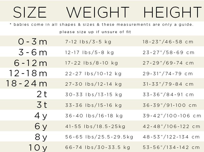 Size Chart for Parade Organics 2-Way Zip Organic Romper - Short Sleeve
