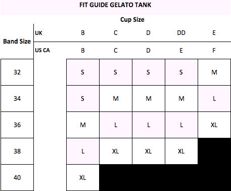 Size Chart for Cake Lingerie Gelato Padded Nursing Tank with Molded Cups