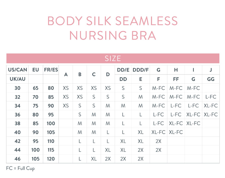 Size Chart for Bravado Designs Body Silk Seamless Nursing Bra - Full Cup