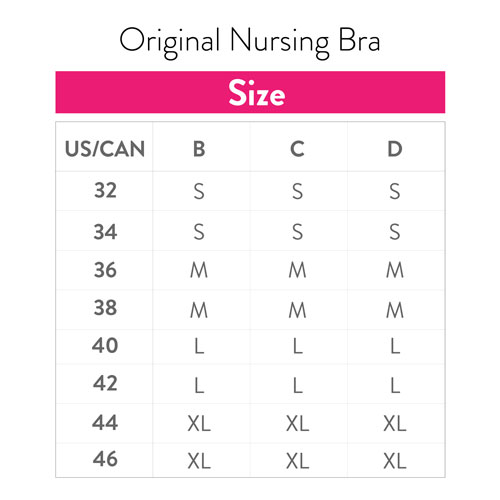Size Chart for Bravado Designs Original Nursing Bra