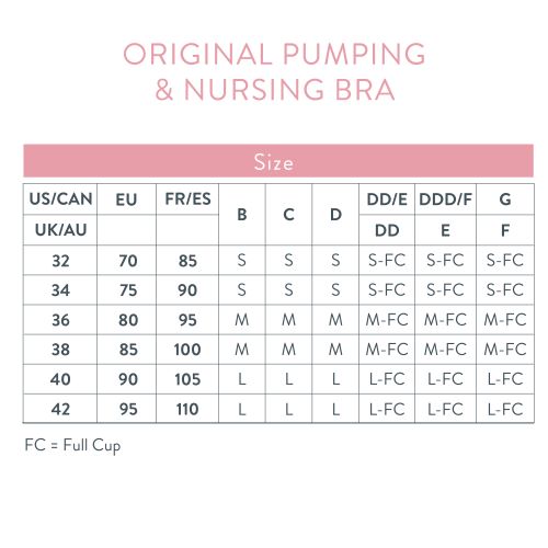 Size Chart for Bravado Designs Orginal Pumping & Nursing Bra in Sustainable Yarns