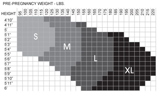 Size Chart for Preggers Sheer Maternity Compression Pantyhose (10-15 mmHg)