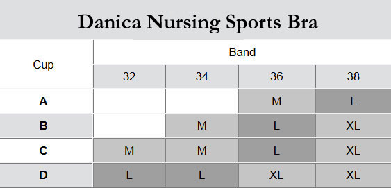 Size Chart for Danica Nursing Sports Bra