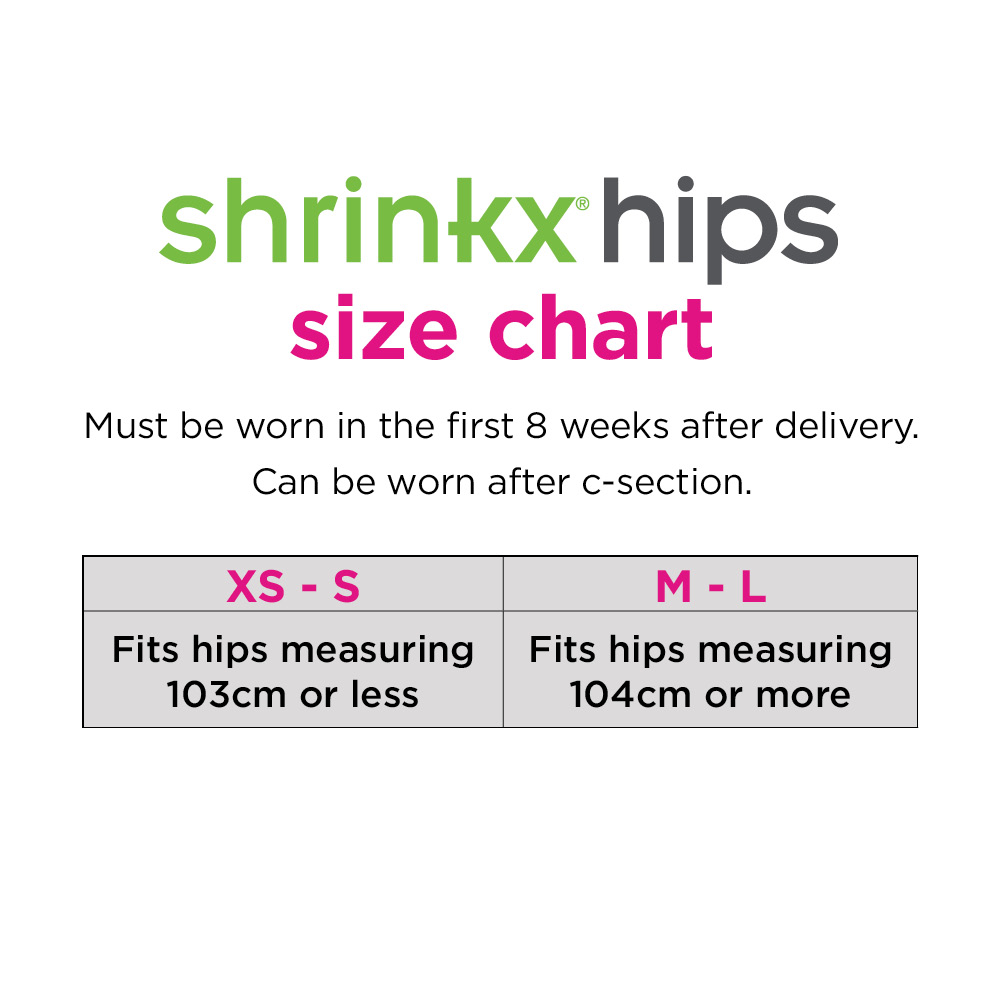 Size Chart for Shrinkx Hips Ultra Postpartum Hip Compression Belt
