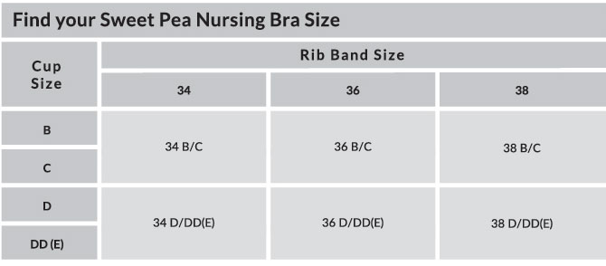 Size Chart for Bravado Designs Sweet Pea Cotton Nursing Bra