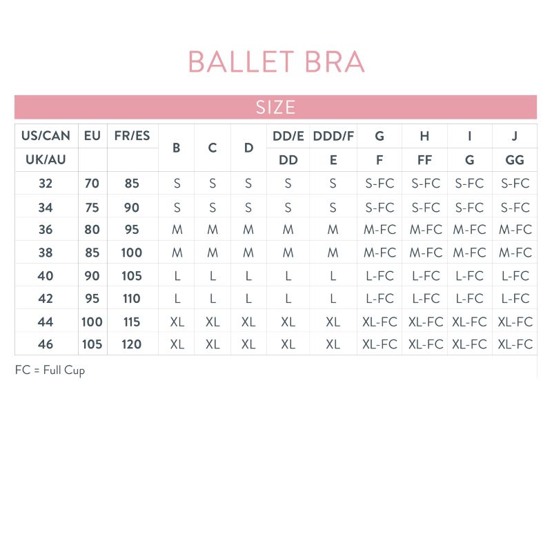 Size Chart for Bravado Designs Full Cup Ballet Nursing Bra in Sustainable Fabric