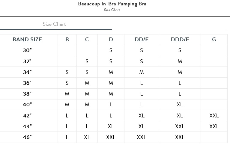 Size Chart for Bravado Designs Beaucoup In-Bra Pumping & Nursing Bra