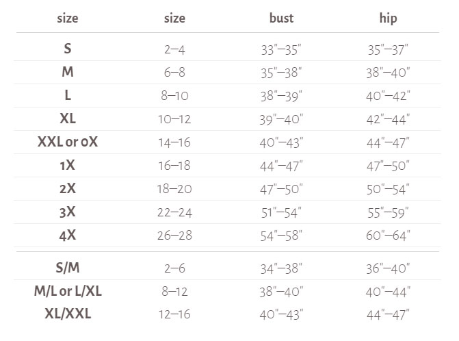 Size Chart for Belabumbum Starlet Peruvian Cotton Cami PJ Set