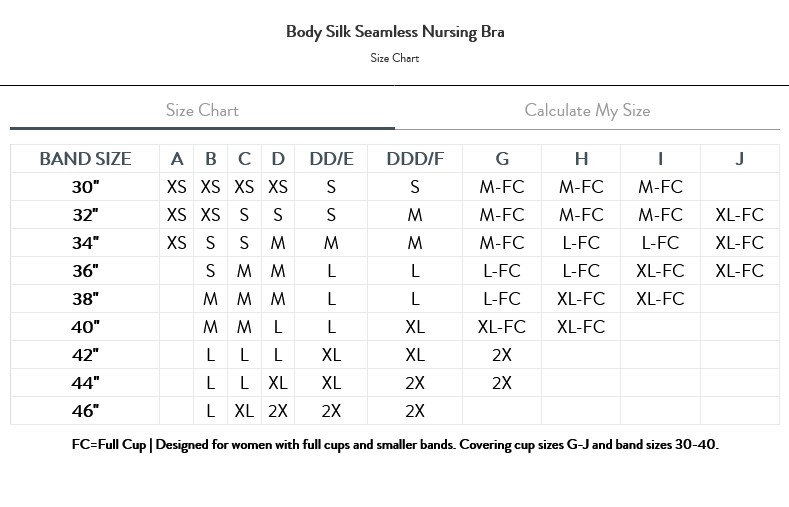 Size Chart for Bravado Designs Body Silk Seamless Nursing Bra with Sustainable Fabrics