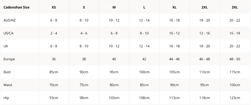 Size Chart for Cadenshae Rise Up Tank