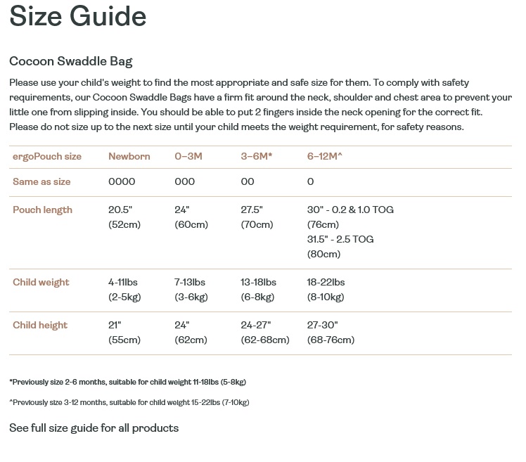 Size Chart for ergoPouch Organic Cotton Cocoon Swaddle Bag (0.2 Tog)