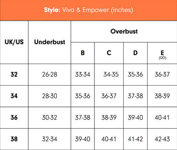 Size Chart for Viva Plunge Flexible Wire Padded Nursing Bra by Charley M