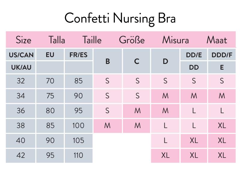 Size Chart for Bravado Designs Confetti Nursing Bra