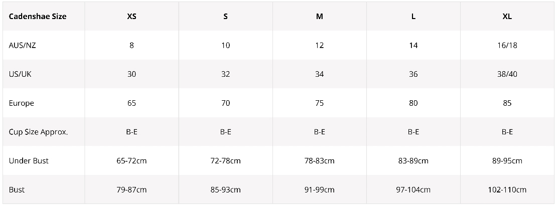 Size Chart for Cadenshae Fit2feed High Impact Nursing Sports Bra