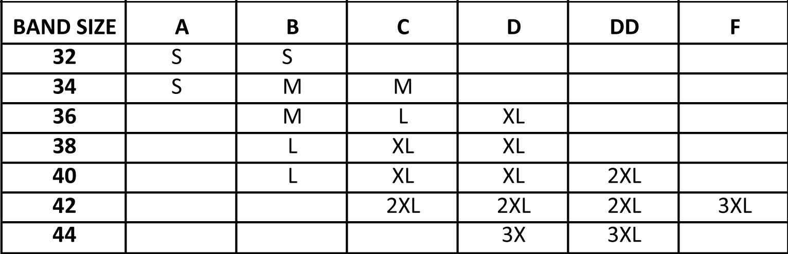 Size Chart for La Leche League Sports Nursing Bra