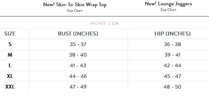 Size Chart for Bravado Designs Skin to Skin Wrap Top