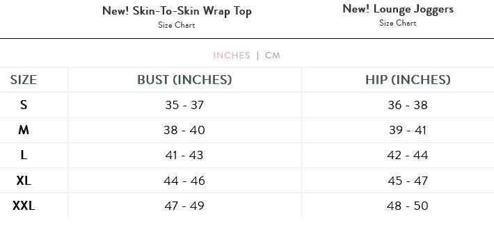 Size Chart for Bravado Designs Lounge Joggers