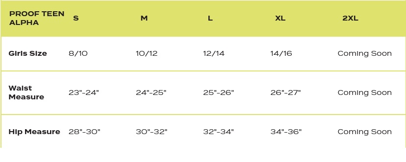 Size Chart for Proof Teen Period & Leak Proof Hipster (Super-Heavy Absorbency)