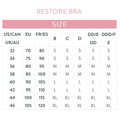 Size Chart for Bravado Designs Restore Bra