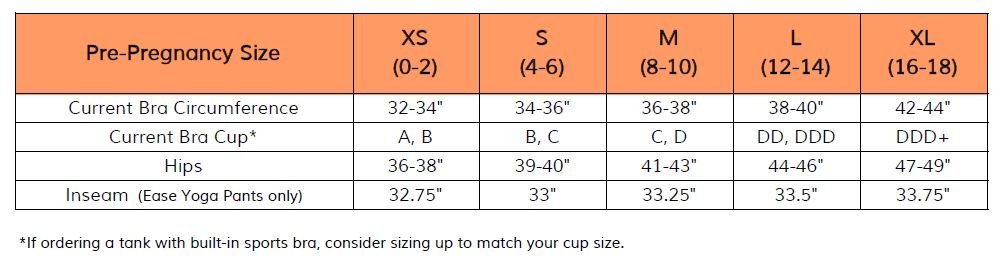 Size Chart for Move Workout Active Capri with Mumband Support