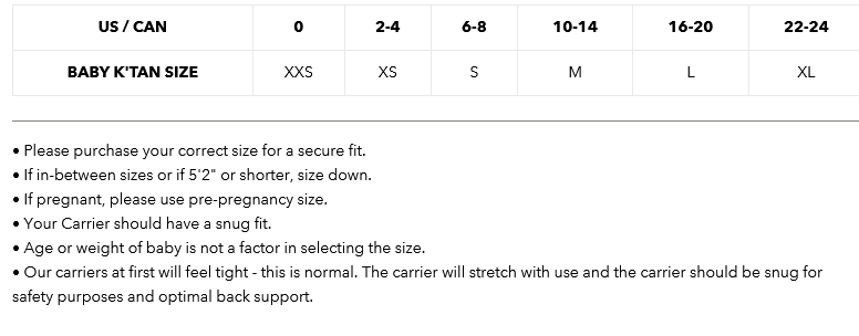 Size Chart for Baby K'tan Active Oasis Baby Carrier