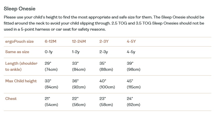 Size Chart for ergoPouch Organic Cotton Sleep Onesie (2.5 Tog)