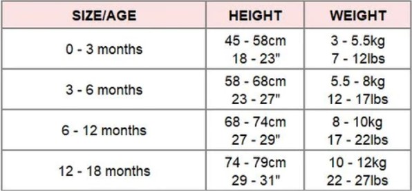 Size Chart for The Wee Bean Organic Cotton Baby Bodysuit