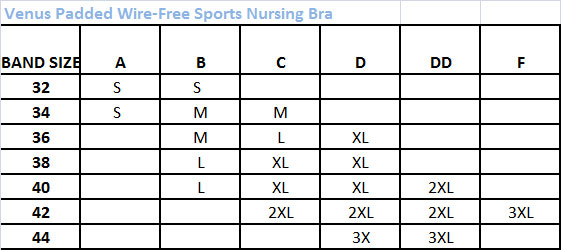 Size Chart for Venus Padded Wire-Free Sports Nursing Bra