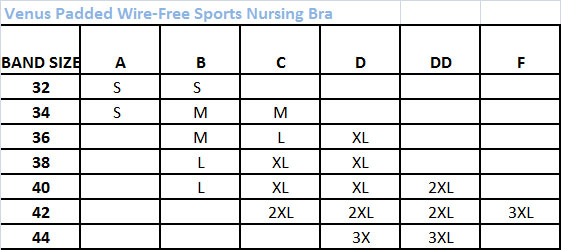 Size Chart for Venus Padded Wire-Free Sports Nursing Bra