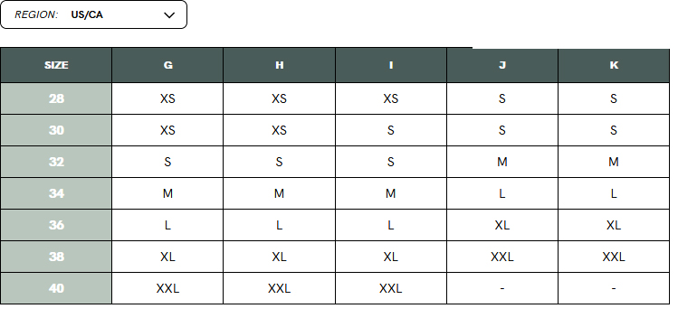 Size Chart for Wild Nursing Tank (G - K Cup) for Fuller Bust