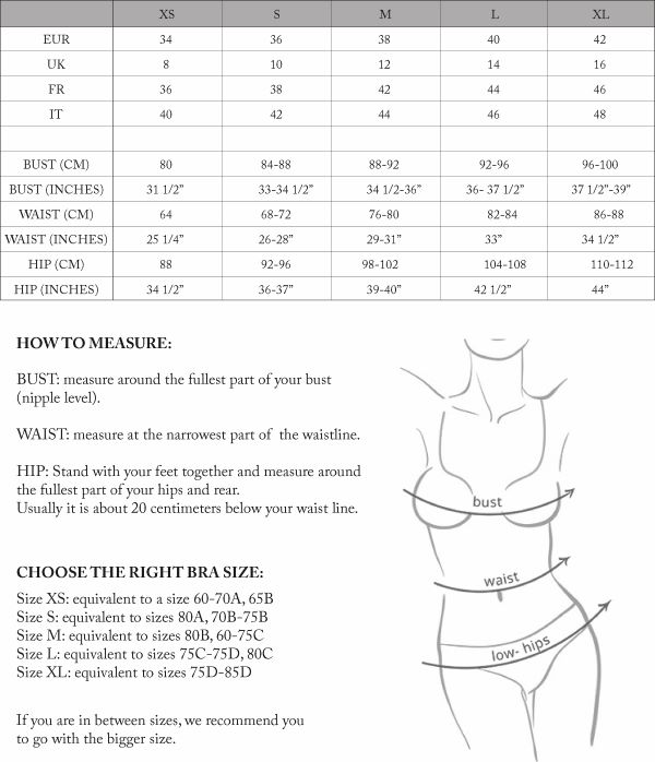 Size Chart for Organic Cotton Bralette