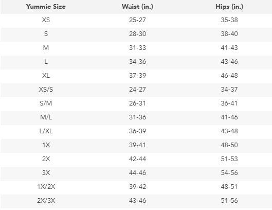 Size Chart for Yummie Pearl 3-Panel Tank