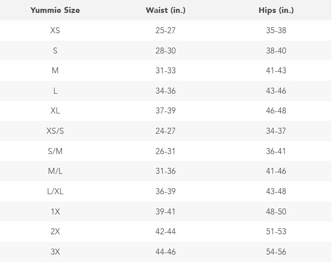 Size Chart for Yummie 3-in-1 Shaping Legging with 360 Degrees of Compression