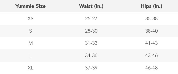 Size Chart for Yummie Denim Shaping Legging