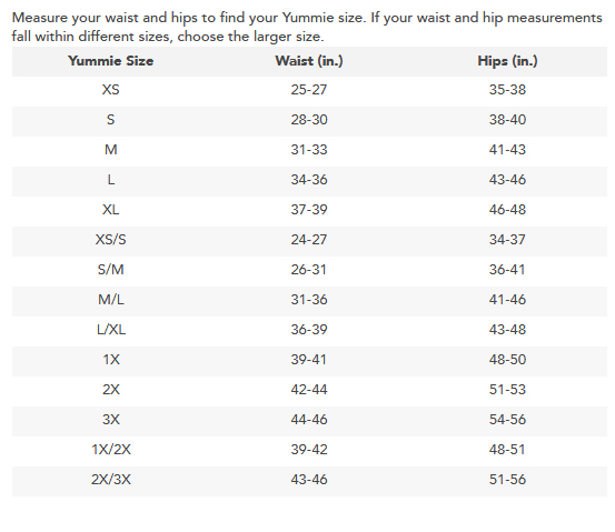 Size Chart for Yummie Mel Cotton Shaping Biker Short