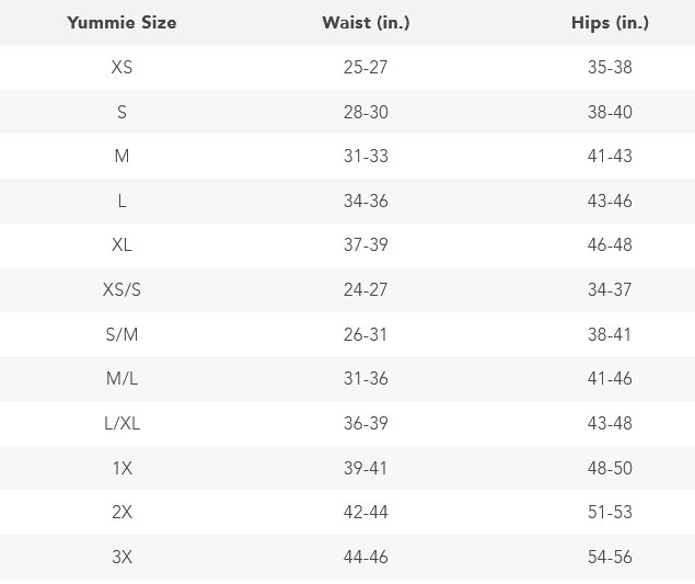 Yummie Size Chart