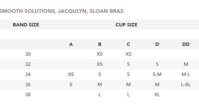 Size Chart for Sloan Unlined Low Impact Active Bra